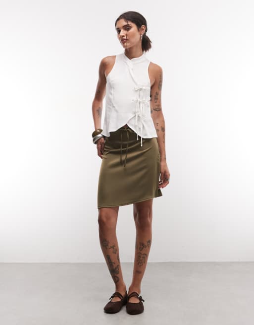 Reclaimed vintage textured awkward length skirt in olive