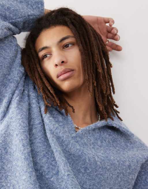 Reclaimed Vintage textured boxy oversized polo jumper in baby blue