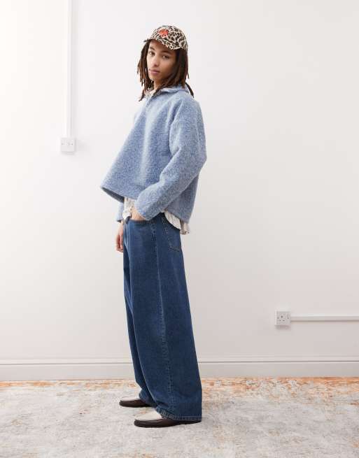 Reclaimed Vintage textured boxy oversized polo jumper in baby blue, 3 of 4