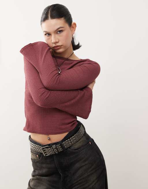 Reclaimed Vintage textured flared sleeve top in dusty pink 