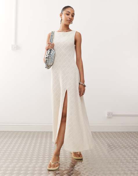 Reclaimed Vintage textured jersey and lace slash neck sleeveless maxi dress in cream - view 1