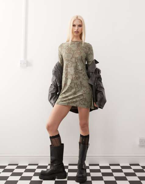 Reclaimed Vintage textured jersey mini dress with flared sleeves in khaki - view 1
