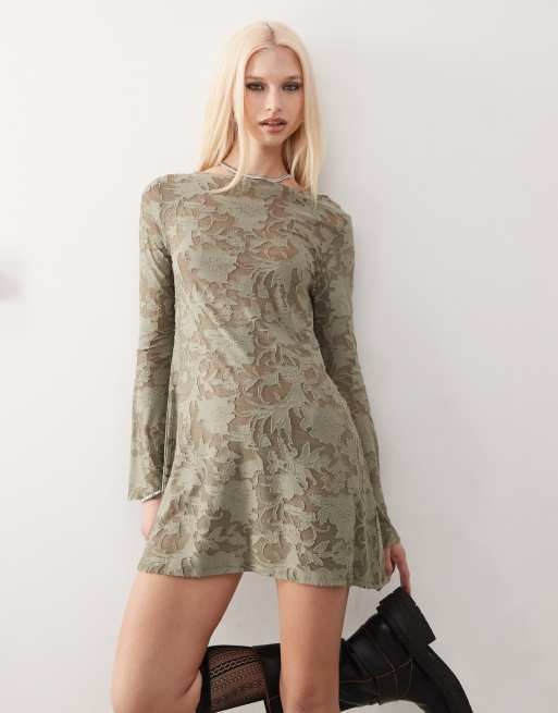Reclaimed Vintage textured jersey mini dress with flared sleeves in khaki, 3 of 4