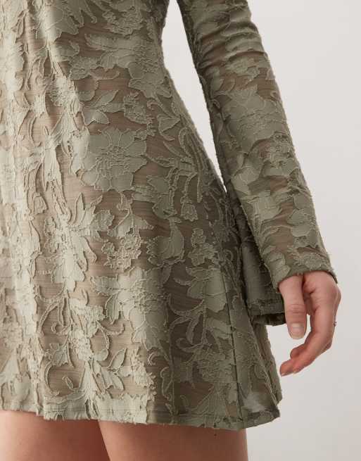 Reclaimed Vintage textured jersey mini dress with flared sleeves in khaki, 4 of 4