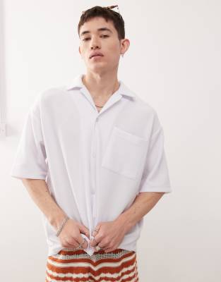 Reclaimed Vintage Reclaimed Vintage textured jersey short sleeve boxy resort shirt in white