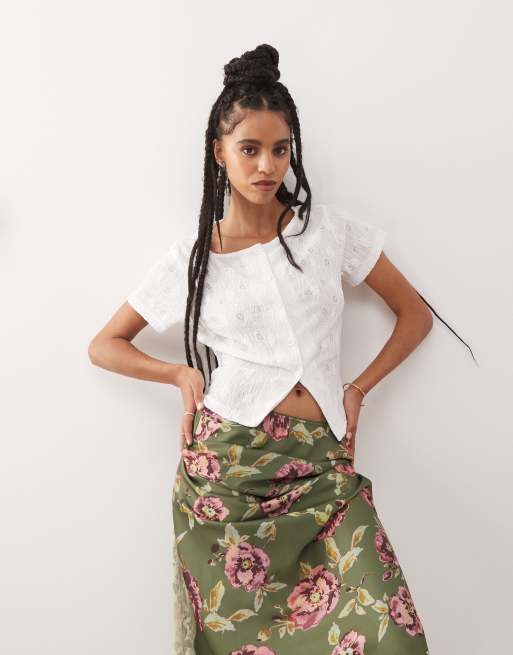 Reclaimed Vintage textured jersey slit front short sleeve top in white