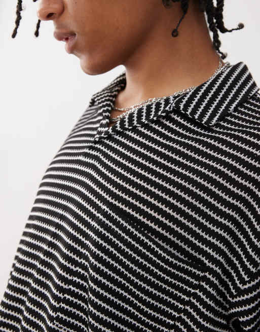 Reclaimed Vintage textured jersey striped short sleeve resort polo top in black, 2 of 4