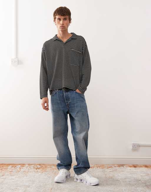 Reclaimed Vintage textured long sleeve polo shirt in black and white stripe