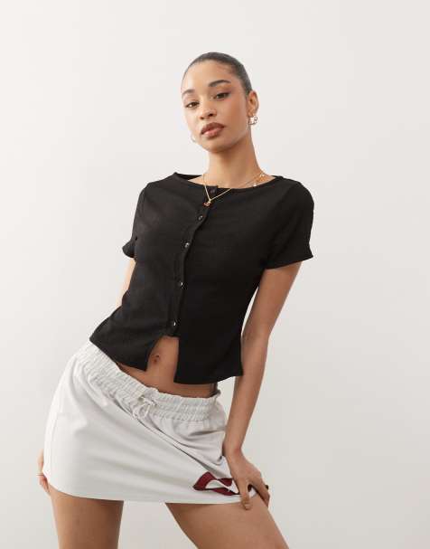Reclaimed Vintage textured slash neck button through top in black - view 1