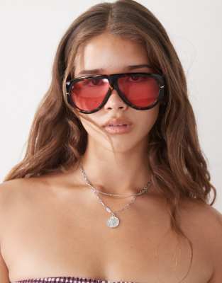 Reclaimed Vintage thicker frame aviator with red lense in torte - view 1