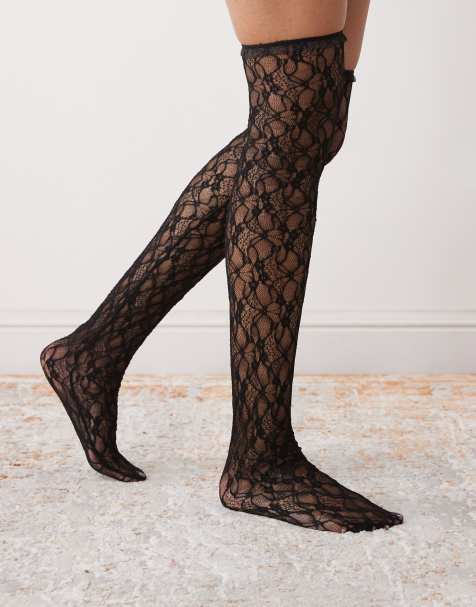 Reclaimed Vintage thigh high lace socks in black - view 1