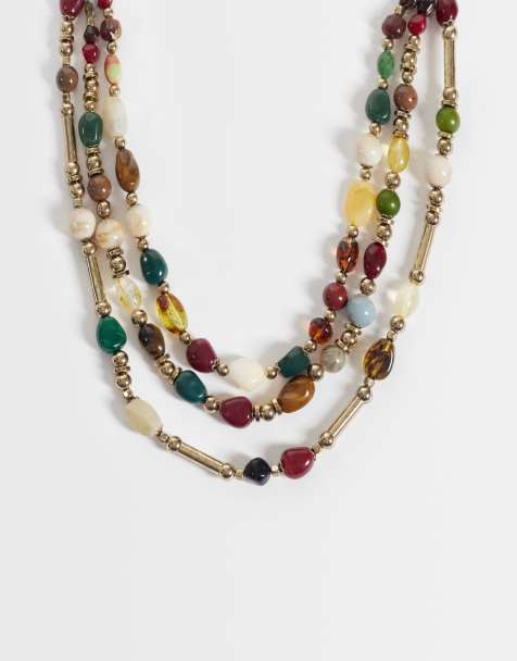 Reclaimed Vintage three row beaded necklace in multi colours - view 1