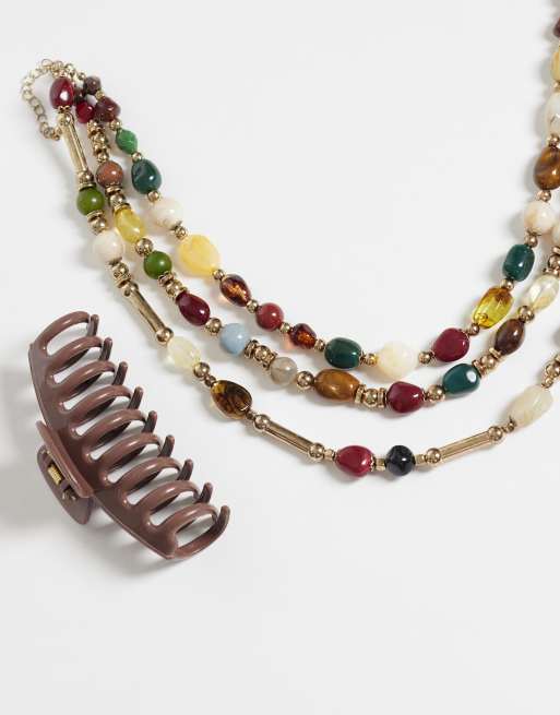 Reclaimed Vintage three row beaded necklace in multi colours, 2 of 4