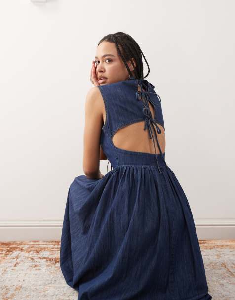 Reclaimed Vintage tie back denim midi dress in indigo - view 1