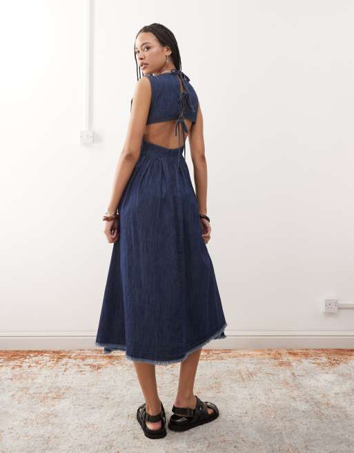 Reclaimed Vintage tie back denim midi dress in indigo