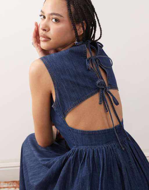Reclaimed Vintage tie back denim midi dress in indigo, 3 of 4