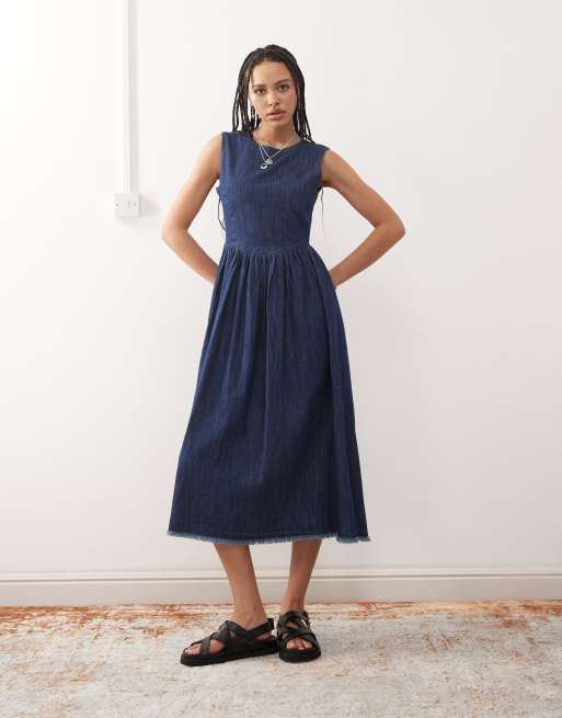 Reclaimed Vintage tie back denim midi dress in indigo