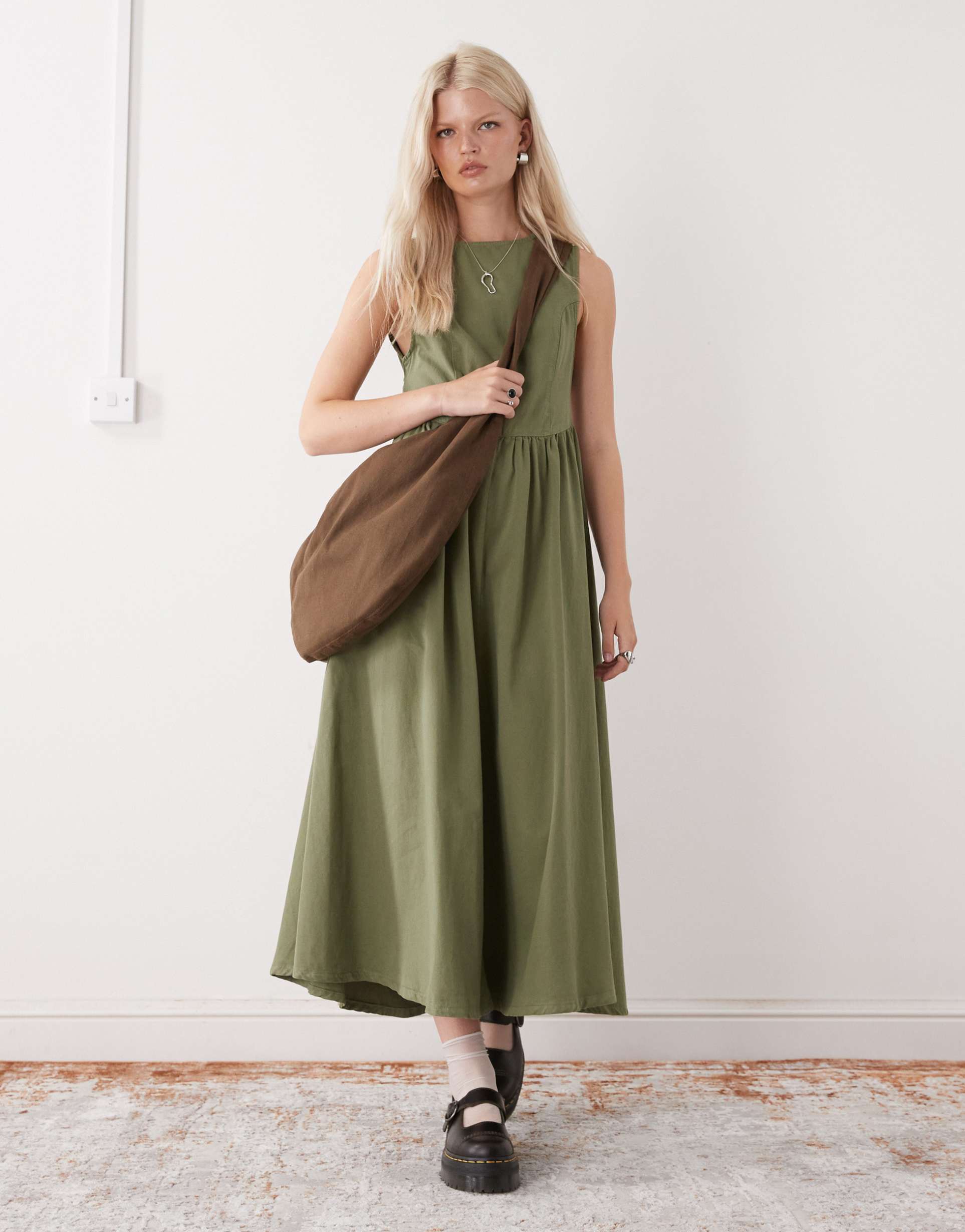 reclaimed vintage tie back denim midi dress in washed olive green