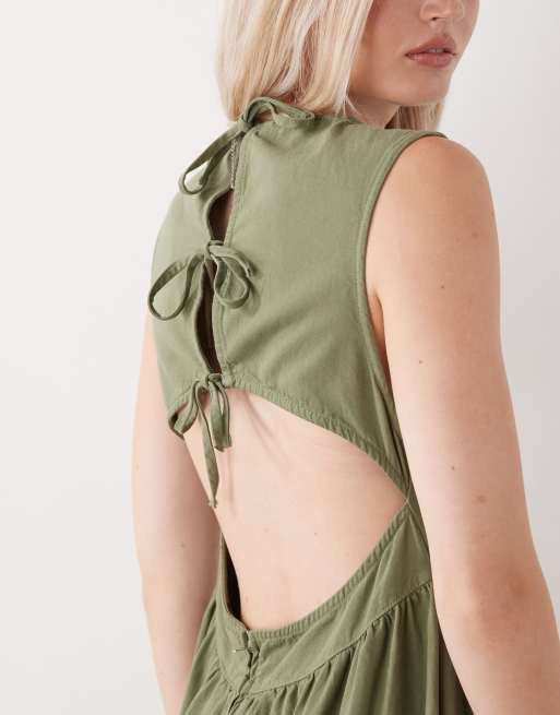 Reclaimed Vintage tie back denim midi dress in washed olive green 