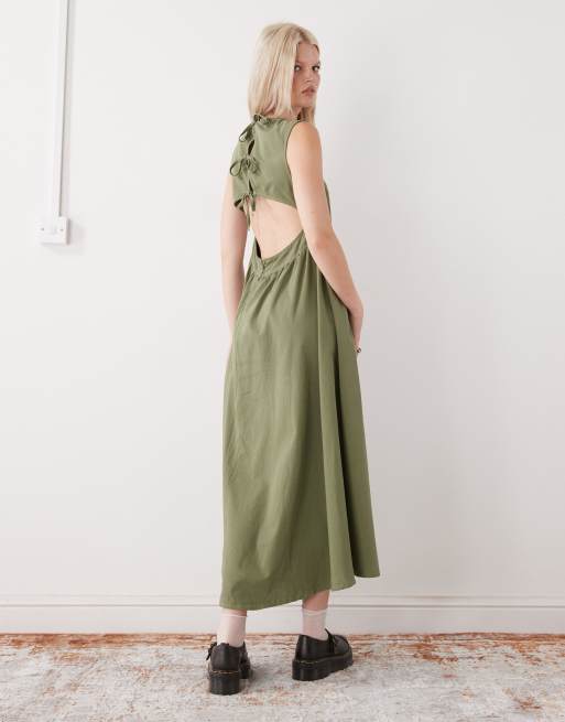 Reclaimed Vintage tie back denim midi dress in washed olive green 