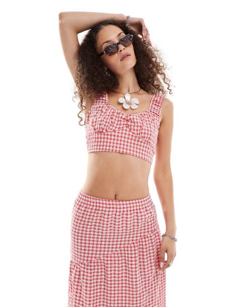 Reclaimed Vintage tie back top co ord in red gingham - view 1