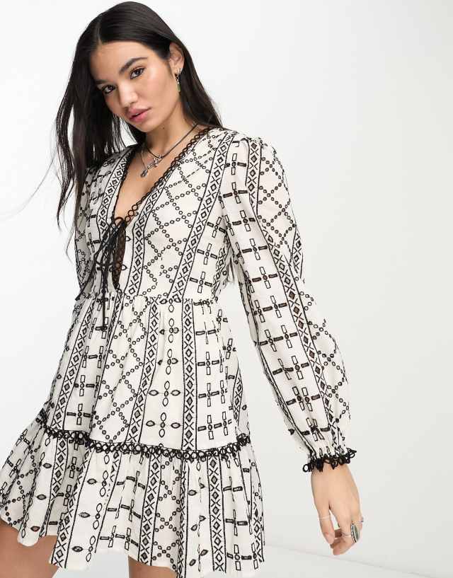 Reclaimed Vintage tie front and back smock dress in black and white broderie 2