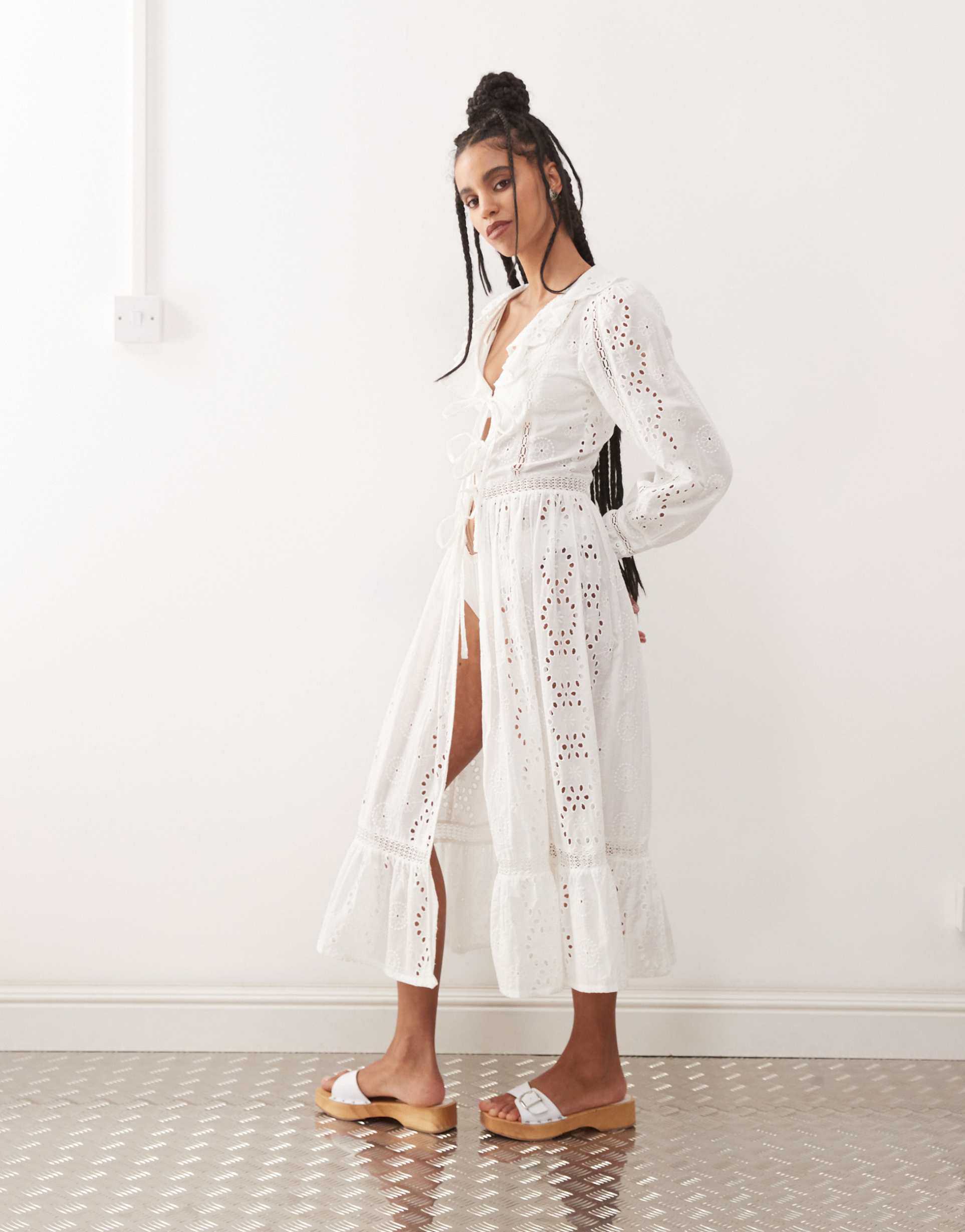 reclaimed vintage tie front beach cover up in white broderie