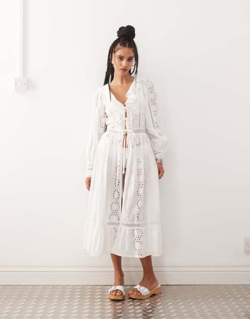 Reclaimed Vintage tie front beach cover up in white broderie
