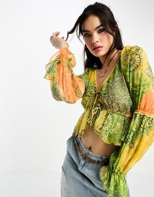 Reclaimed Vintage tie front blouse in patchwork bandana print - ASOS Price Checker