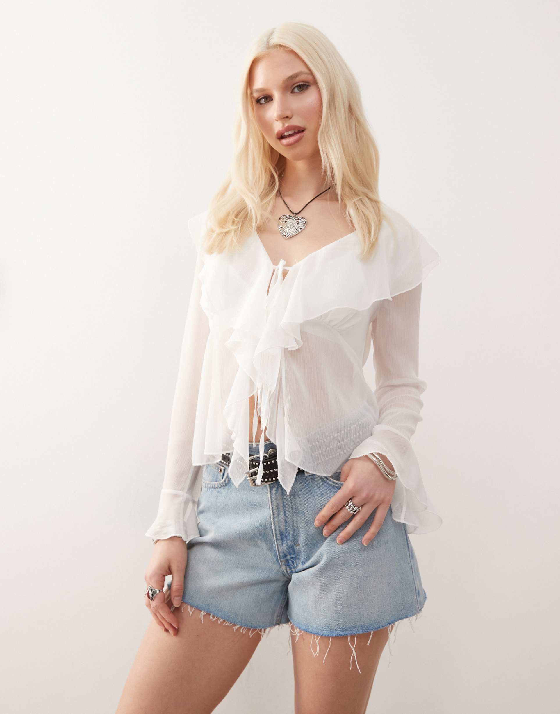 reclaimed vintage tie front boho blouse with ruffles in white