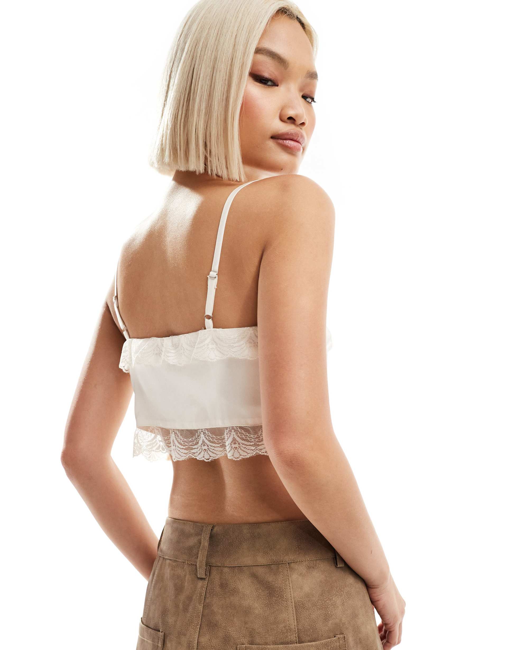 reclaimed vintage tie front cami with lace detail in white
