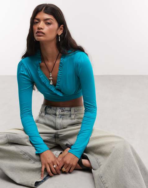 Reclaimed vintage tie front crop top in turquoise - view 1