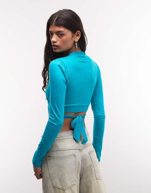 Reclaimed vintage tie front crop top in turquoise, 4 of 4