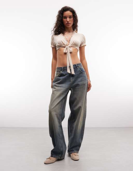 Reclaimed vintage tie front cropped top in stone, 2 of 4