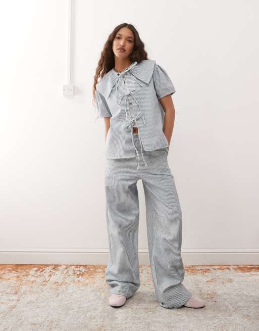 Reclaimed Vintage tie front denim top with oversized collar co-ord in blue pinstripe , 2 of 4