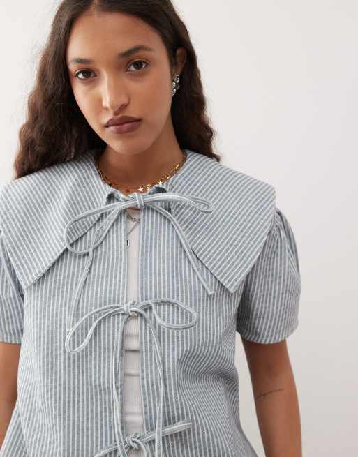 Reclaimed Vintage tie front denim top with oversized collar co-ord in blue pinstripe , 3 of 4