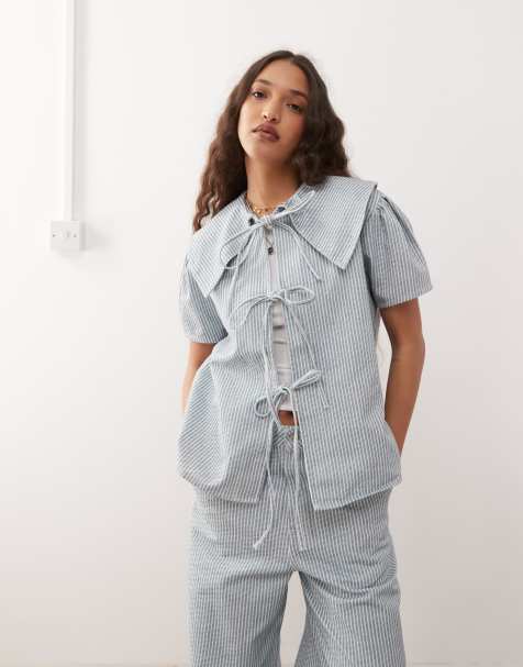 Reclaimed Vintage tie front denim top with oversized collar in blue pinstripes - part of a set - view 1