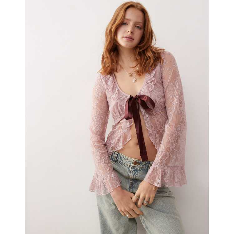 Reclaimed Vintage tie front lace top with burgundy bow in pink