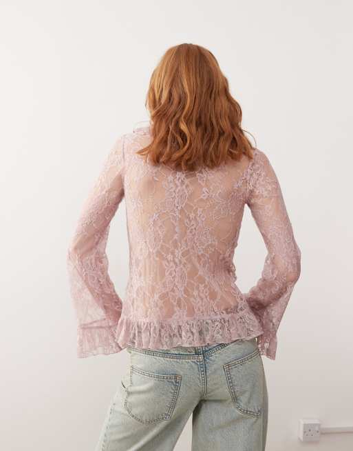 Reclaimed Vintage tie front lace top with burgundy bow in pink