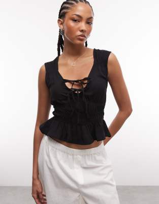 Reclaimed Vintage Tie Front Linen Top In Black