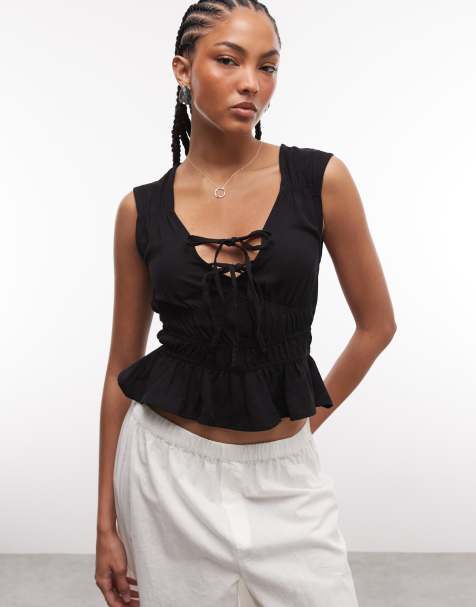 Reclaimed vintage tie front linen top in black - view 1