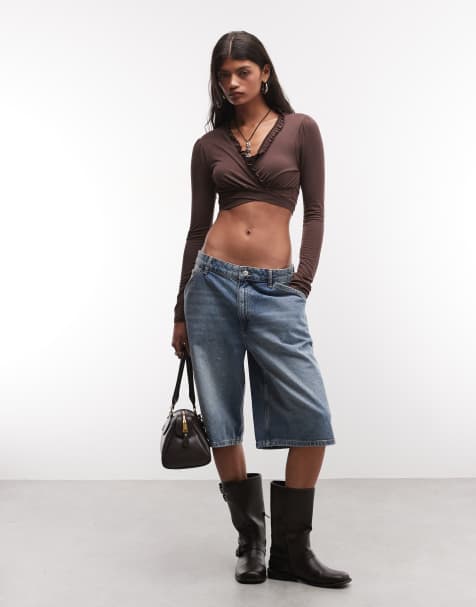 Reclaimed Vintage tie front long sleeve cropped top in chocolate - view 1