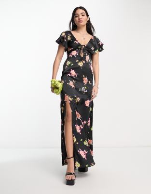 tie front maxi tea dress in black floral