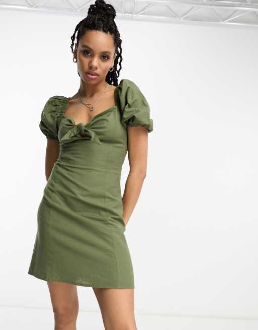 Reclaimed Vintage tie front mini dress in khaki linen ASOS