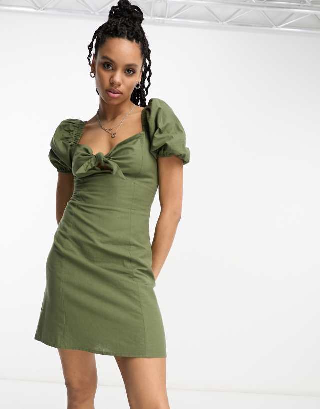 Reclaimed Vintage tie front mini dress in khaki linen