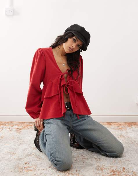 Reclaimed Vintage tie front peplum detail cord top in red - view 1