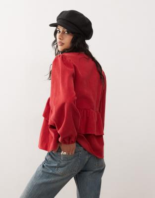 Reclaimed Vintage tie front peplum detail cord top in red