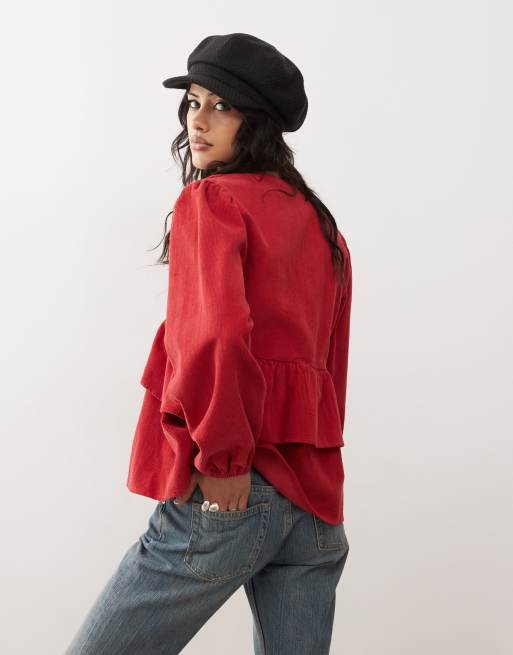 Reclaimed Vintage tie front peplum detail cord top in red, 2 of 4