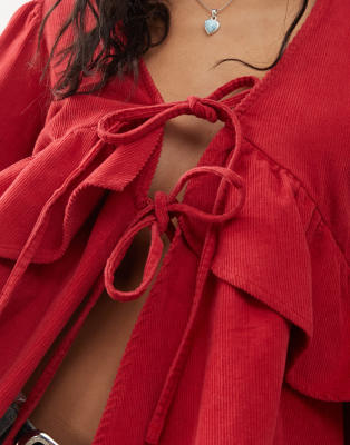 Reclaimed Vintage tie front peplum detail cord top in red