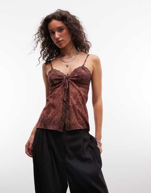 Reclaimed vintage tie front printed cami top with lace in brown